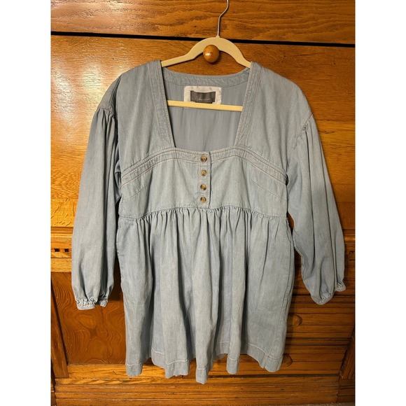 Anthropologie Dresses & Skirts - Anthropologie Cottagecore Babydoll Light Wash Denim Mini Dress Puff Sleeve Boho
